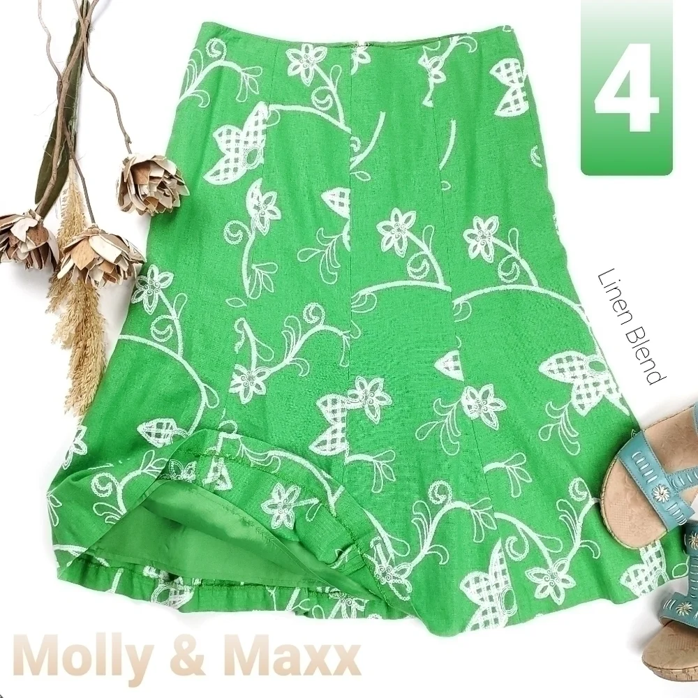 Molly & Maxx Green Wht Linen Embroidered Skirt 4